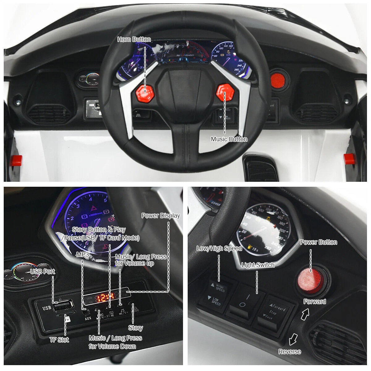 Electric Ride-On Car for Kids with Remote Control, Lights, Music, and Openable Doors - White - Image 11