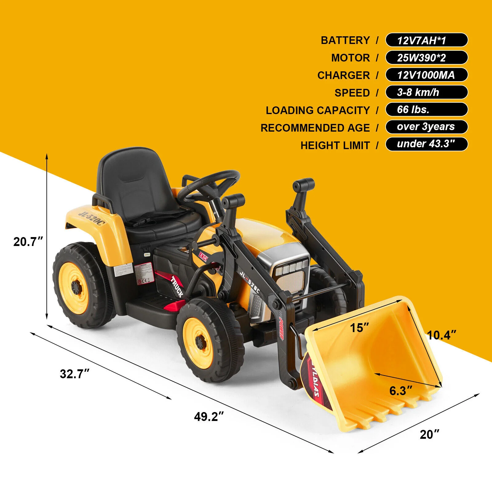 Electric Ride-On Excavator Digger with Bluetooth Music and Remote Control - 3 Speeds, Yellow - Image 2