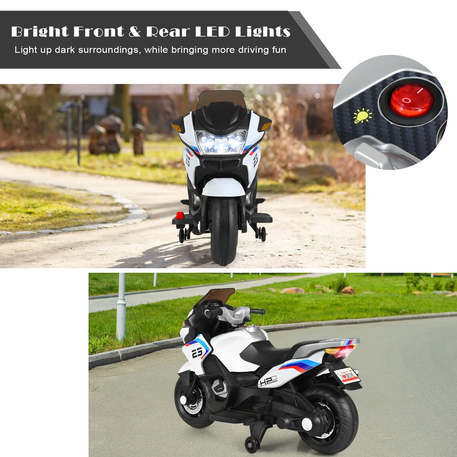 Electric Ride-On Motorcycle for Kids with LED Lights - White - Image 4
