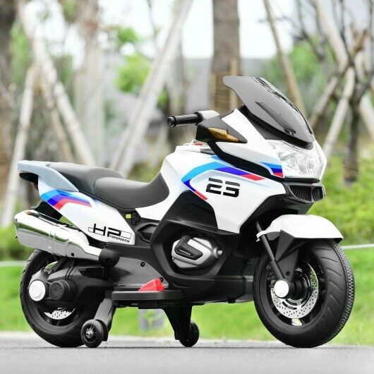 Electric Ride-On Motorcycle for Kids with Training Wheels and Lights - White - Image 4