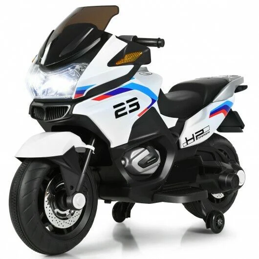 Electric Ride-On Motorcycle for Kids with Training Wheels and Lights - White - Image 7