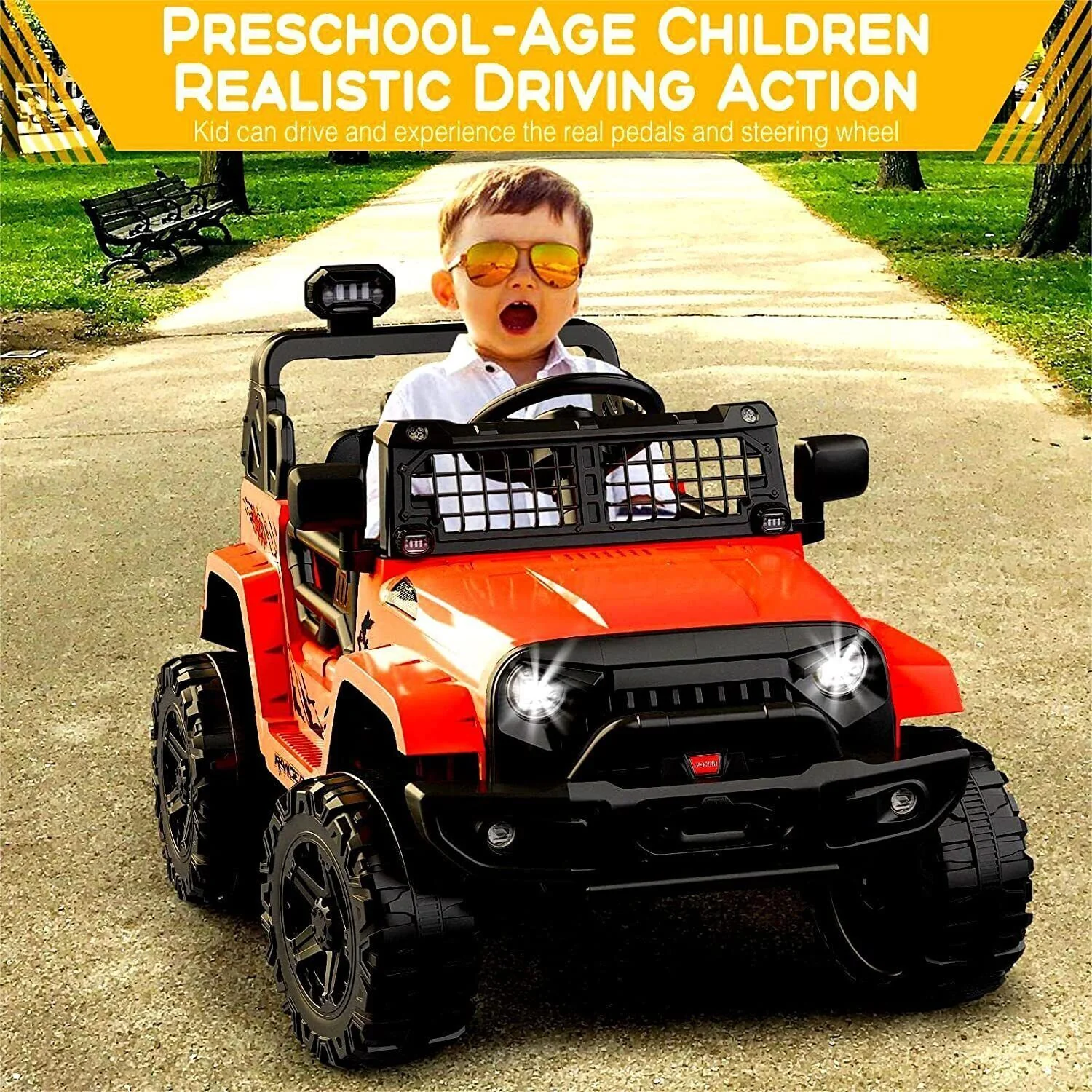 Electric Ride-On Toy Car for Kids with LED Lights, Bluetooth, and 2 Speeds - Red - Image 3