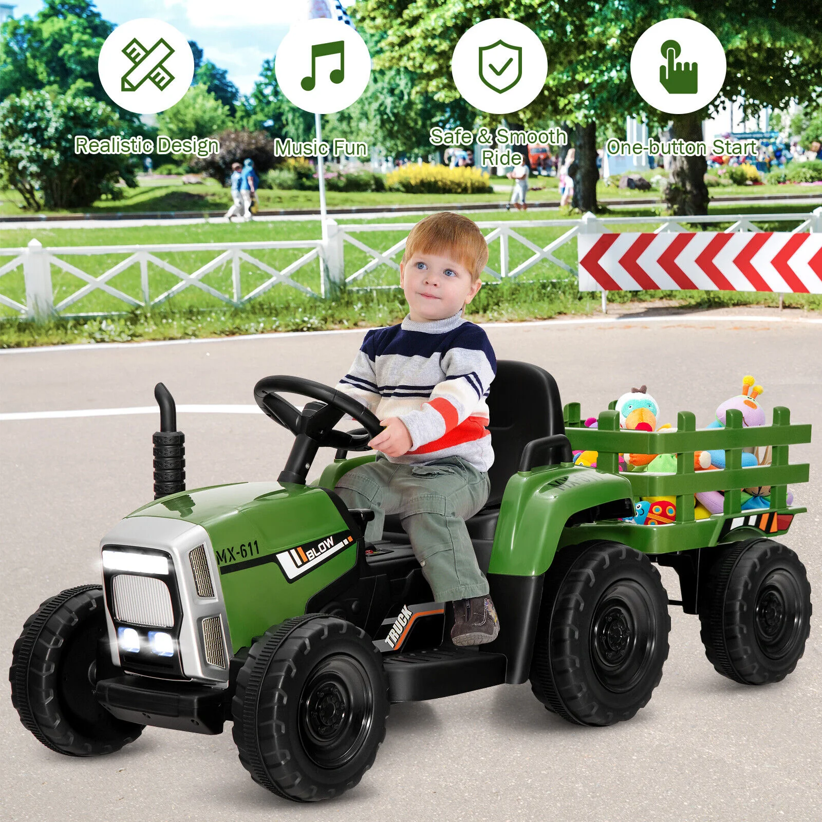 Electric Ride-On Tractor with Trailer and Remote Control - Dark Green with Lights - Image 5