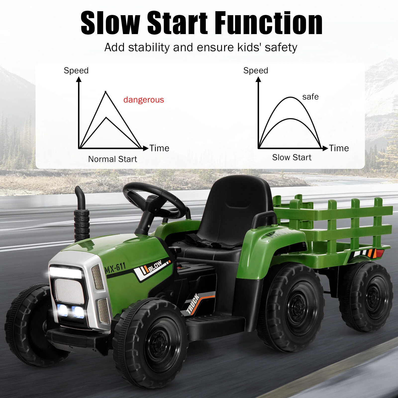 Electric Ride-On Tractor with Trailer and Remote Control - Dark Green with Lights - Image 7