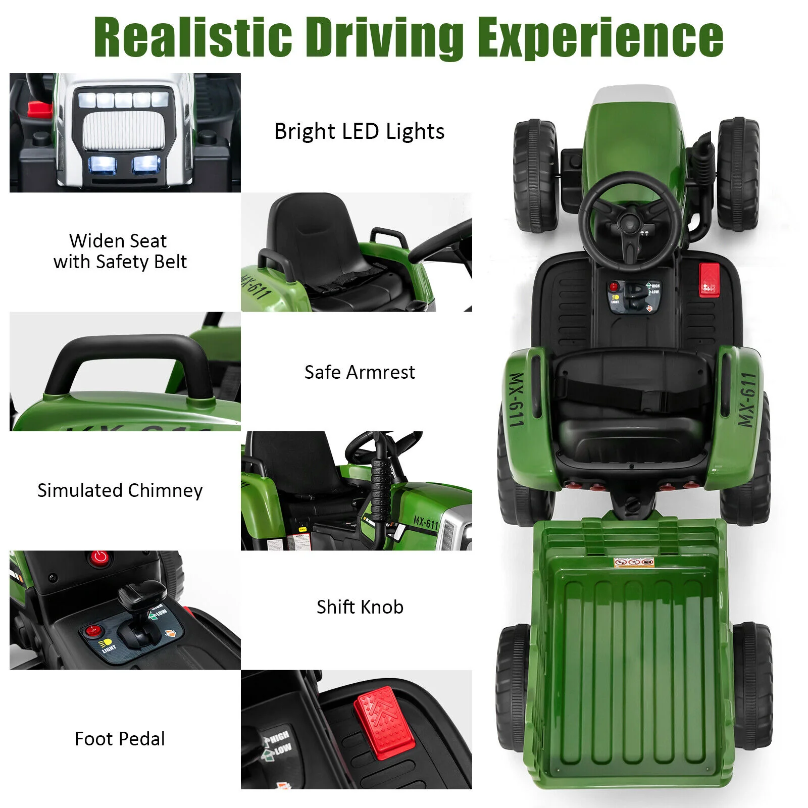 Electric Ride-On Tractor with Trailer and Remote Control - Dark Green with Lights - Image 9