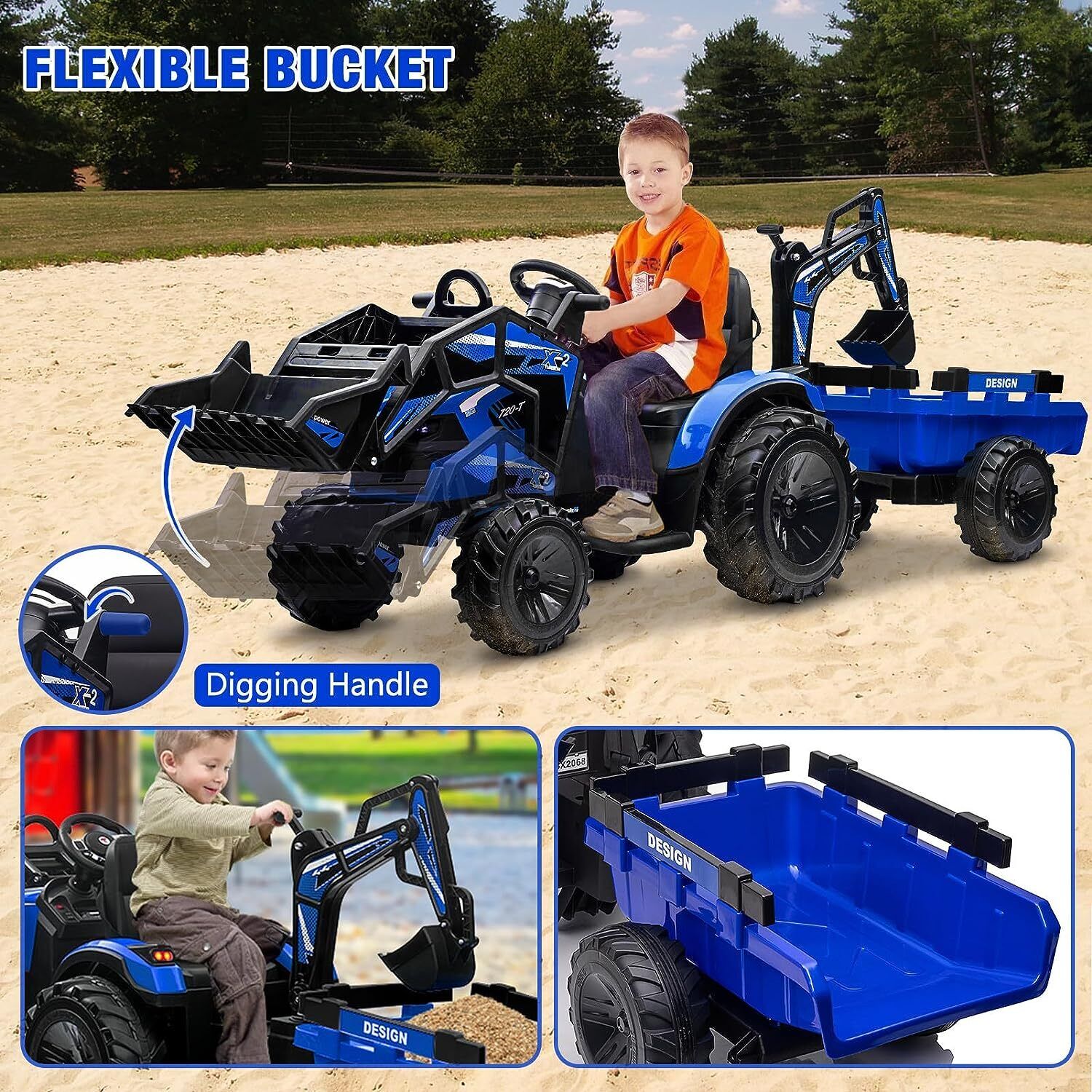 Electric Tractor Ride-On Toy Car for Kids with Trailer & LED Lights - 12V Battery Powered - Image 3