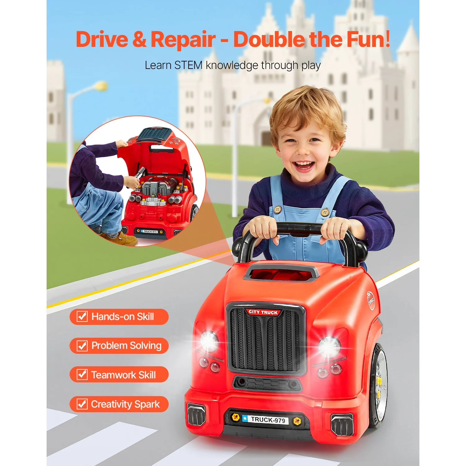 Kids Red Engine Mechanic Car Repair Toy Set with Removable Parts - Image 2