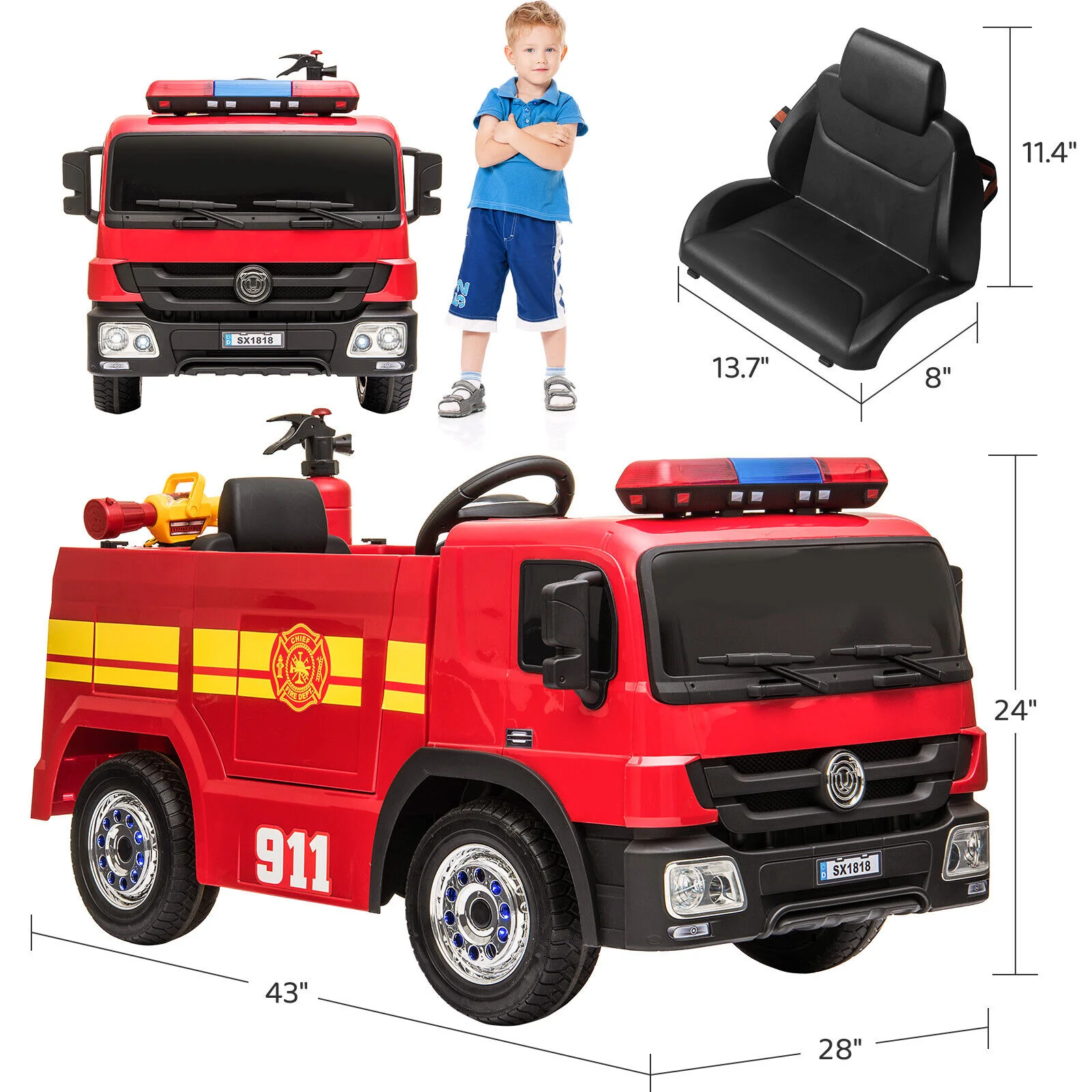 Fire Truck Battery-Powered Ride-On Car with Remote Control for Kids Ages 3-6 - Image 3