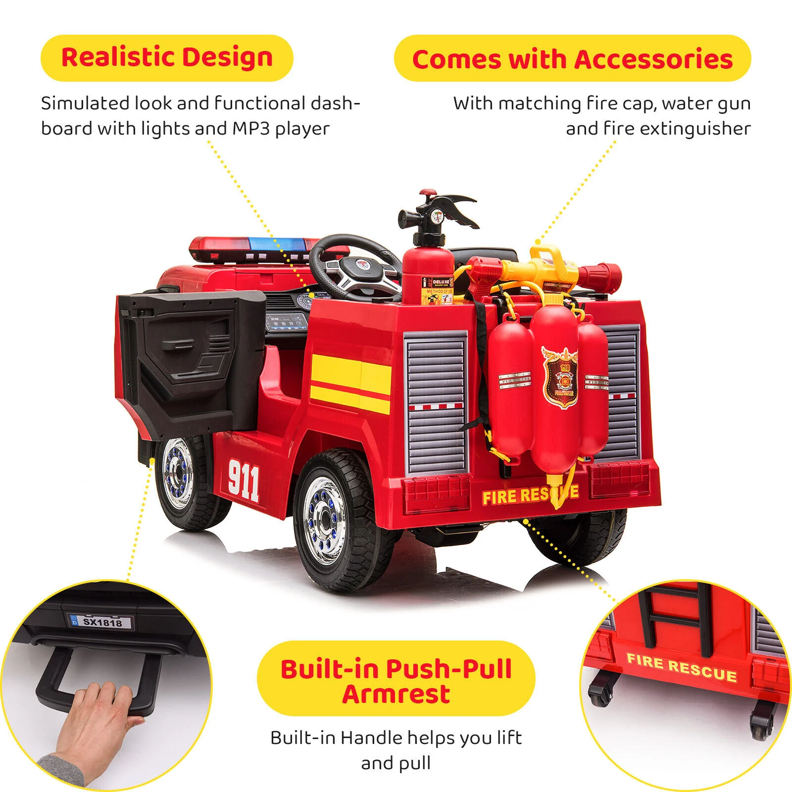 Fire Truck Battery-Powered Ride-On Car with Remote Control for Kids Ages 3-6 - Image 5