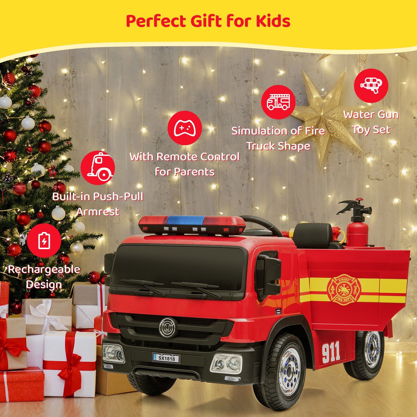 Fire Truck Battery-Powered Ride-On Car with Remote Control for Kids Ages 3-6 - Image 9