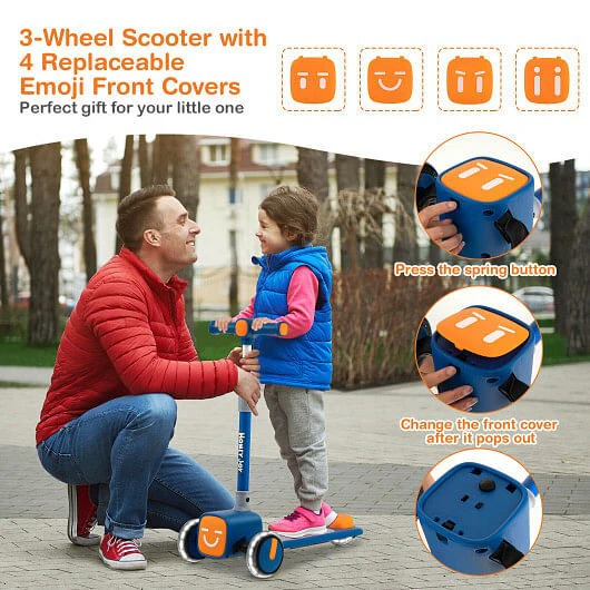 Adjustable Folding Kids Scooter with LED Flashing Wheels, Horn, and 4 Emoji Covers - Image 3