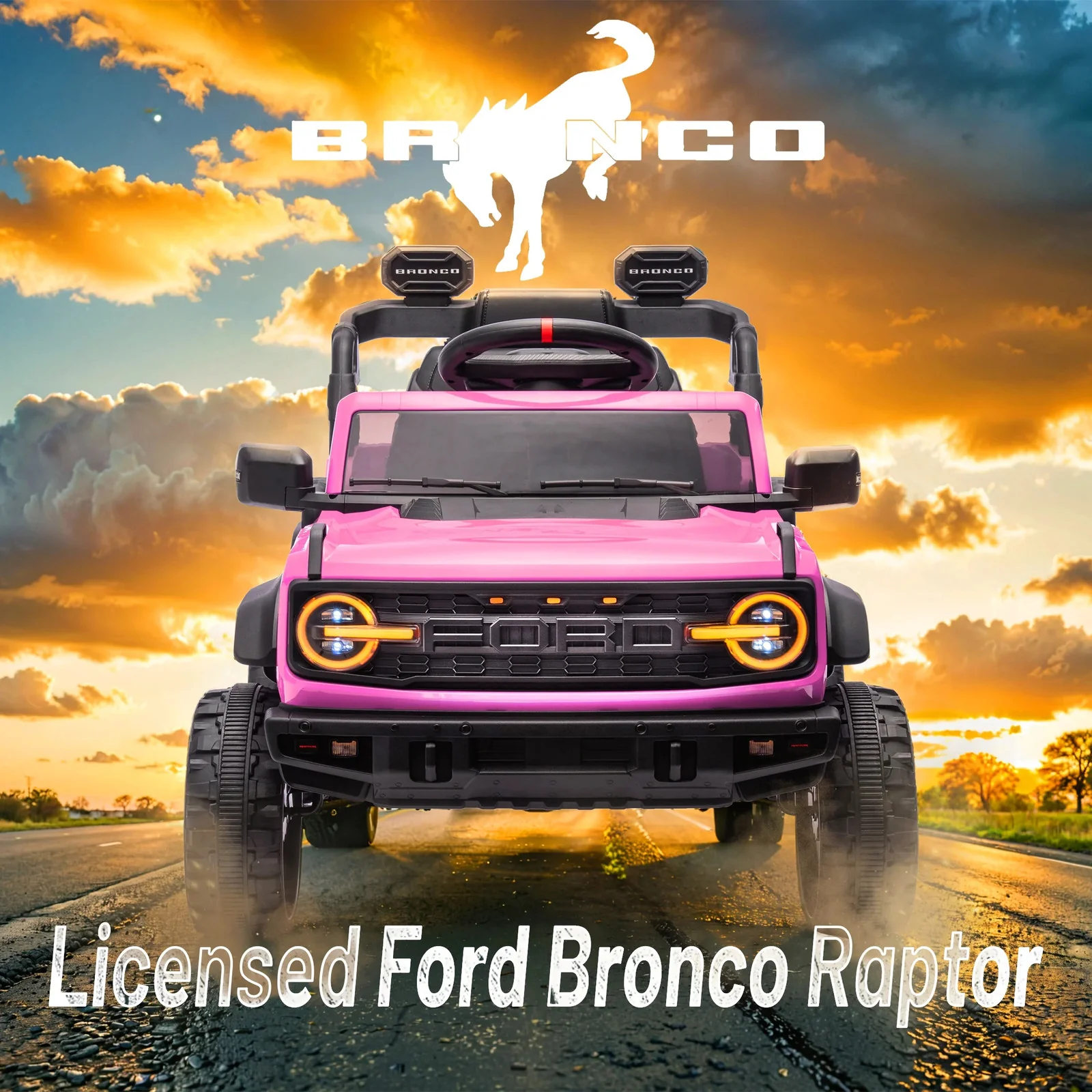 12V Pink Kids Electric Ride-On Truck with Remote Control - Ford Bronco Raptor Design - Image 2