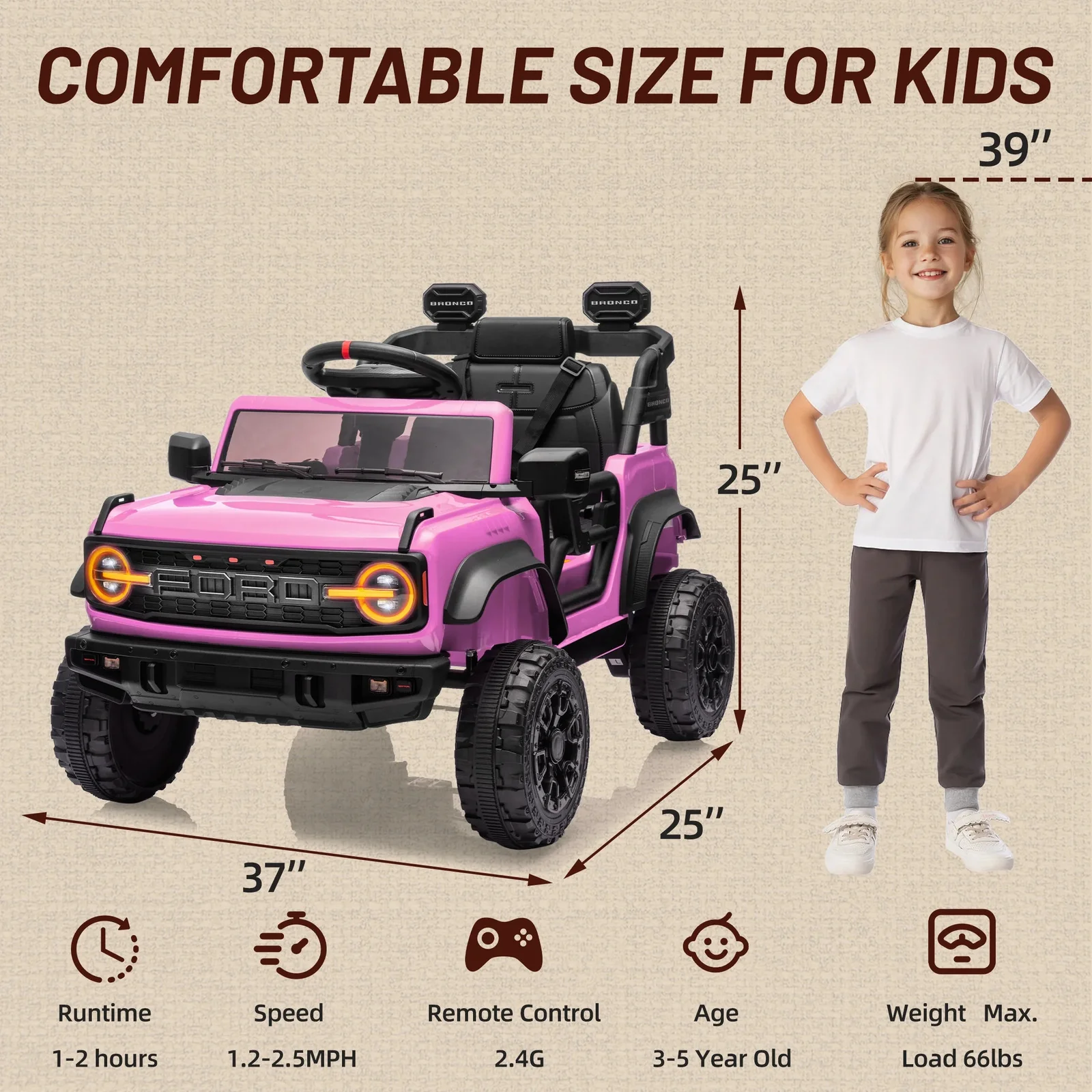 12V Pink Kids Electric Ride-On Truck with Remote Control - Ford Bronco Raptor Design - Image 7