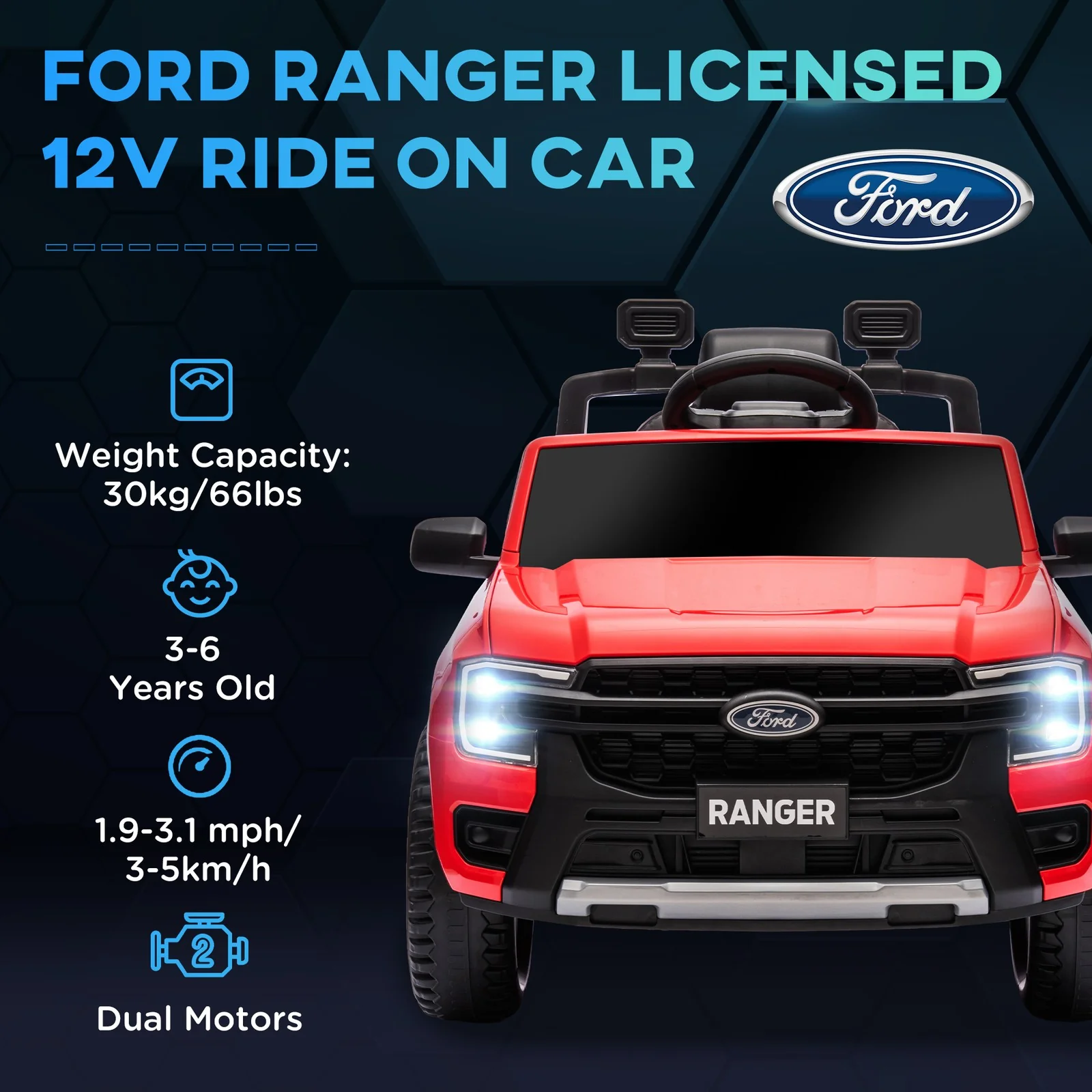12V Licensed Ford Ranger Kids Ride-On Car with Toy Storage, Red - Image 5