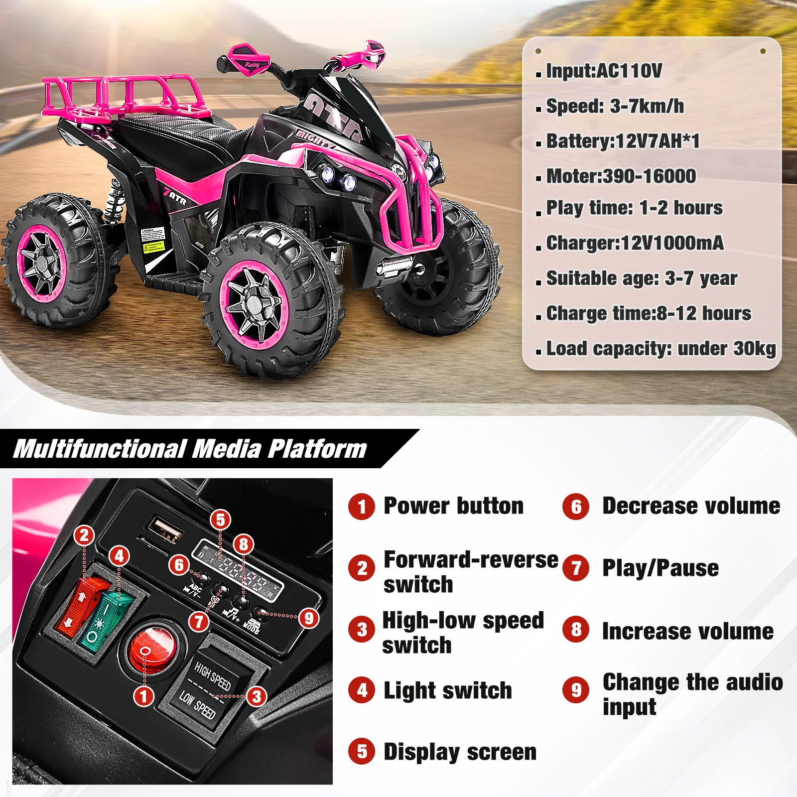 Electric Four-Wheeler Ride-On Toy for Toddlers with Music, LED Lights, and USB Charging - Image 3