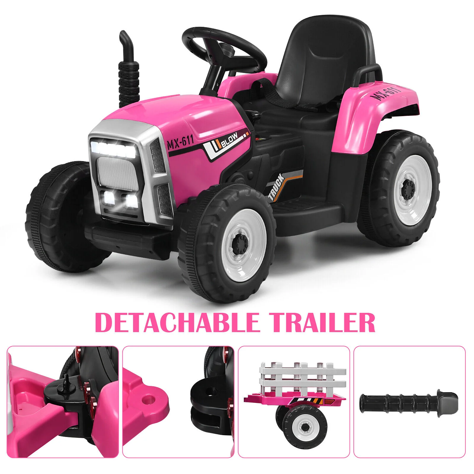 Fun and Functional 12V Pink Ride-On Tractor with Trailer and Remote Control for Kids, Featuring Lights and Ground Loader - Image 5