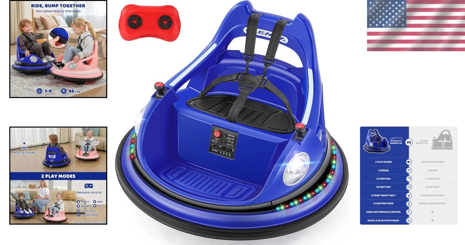 Ride-On Bumper Car with 2 Speed Settings, 5 LED Lights, and Parent Remote Control - Image 2