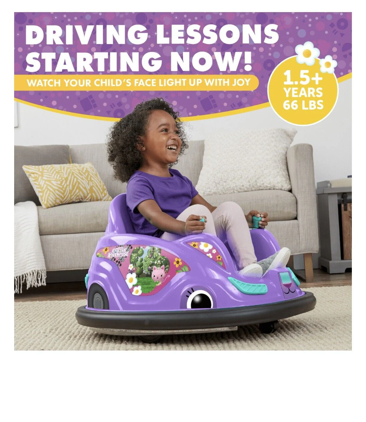 Gabby's Dollhouse 6V Bumper Car: Fun Ride with LED Lights - Image 6