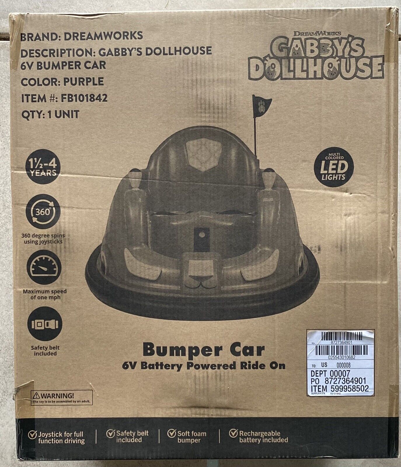 Gabby's Dollhouse 6V Bumper Car: Fun Ride with LED Lights - Image 8