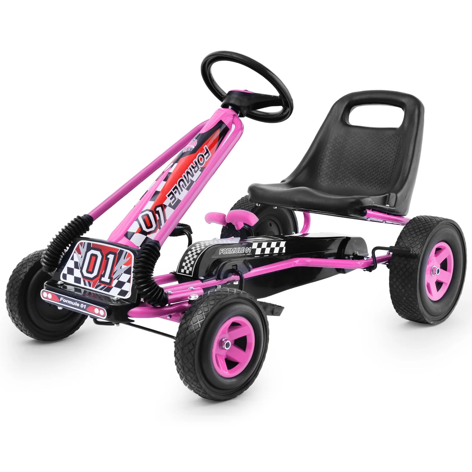 Kids 4-Wheel Pedal-Powered Ride-On Kart with Adjustable Seat Pink
