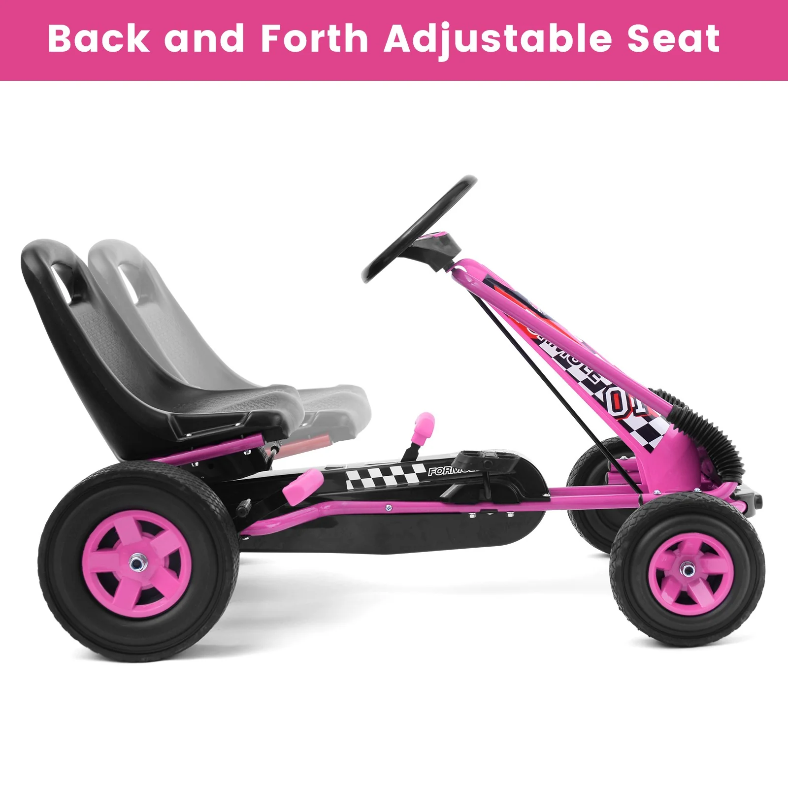 Kids 4-Wheel Pedal-Powered Ride-On Kart with Adjustable Seat Pink - Image 4
