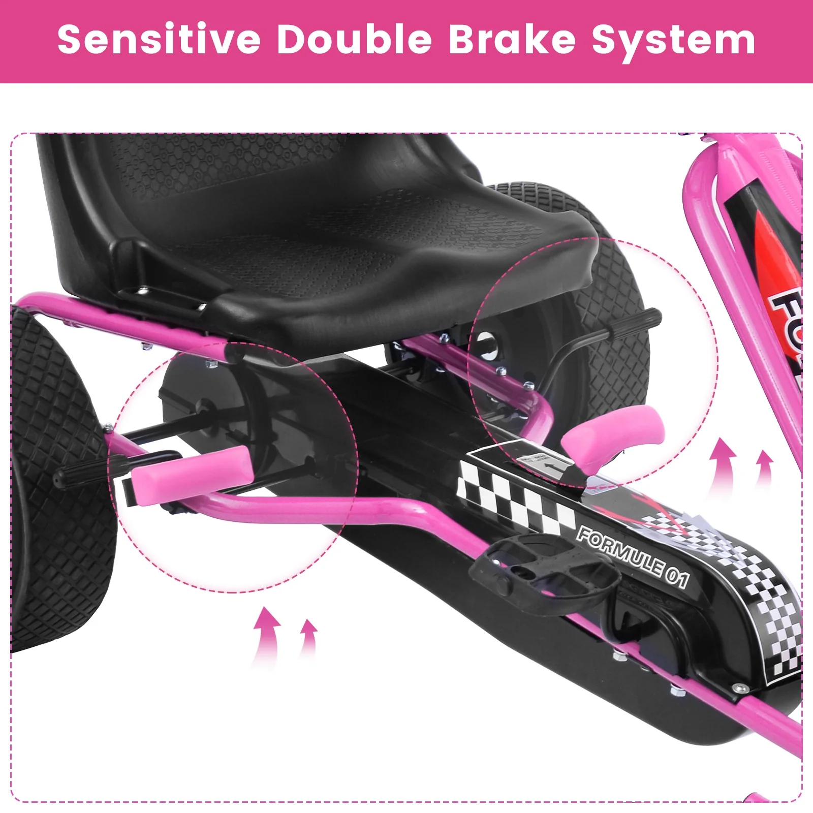 Kids 4-Wheel Pedal-Powered Ride-On Kart with Adjustable Seat Pink - Image 7