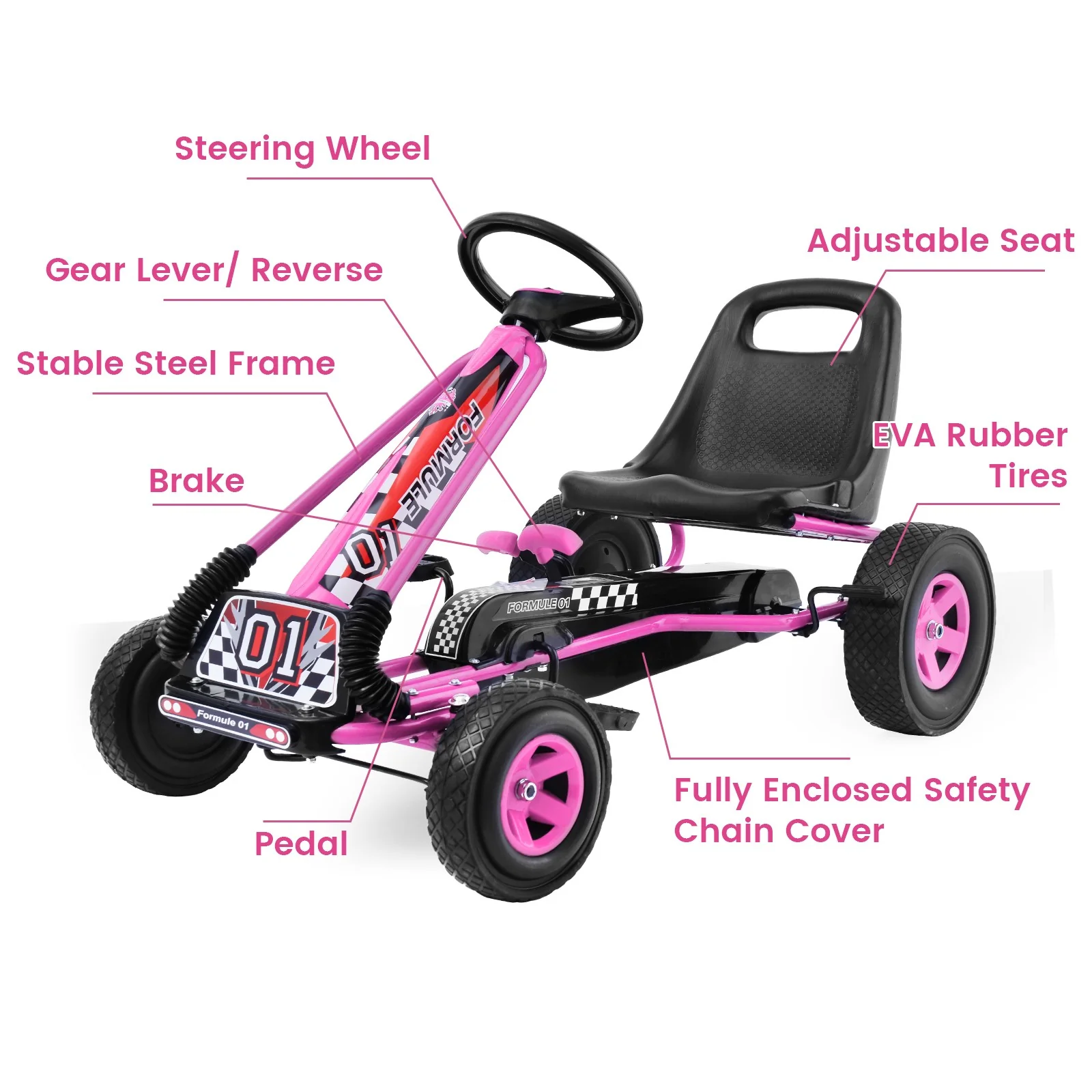 Kids 4-Wheel Pedal-Powered Ride-On Kart with Adjustable Seat Pink - Image 8