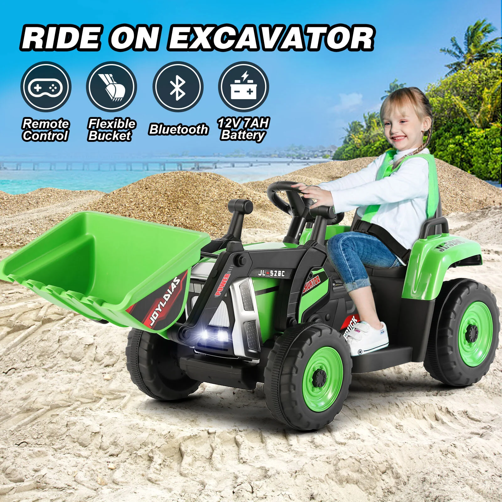 12V Green Electric Ride-On Excavator with Remote Control for Kids - Image 2
