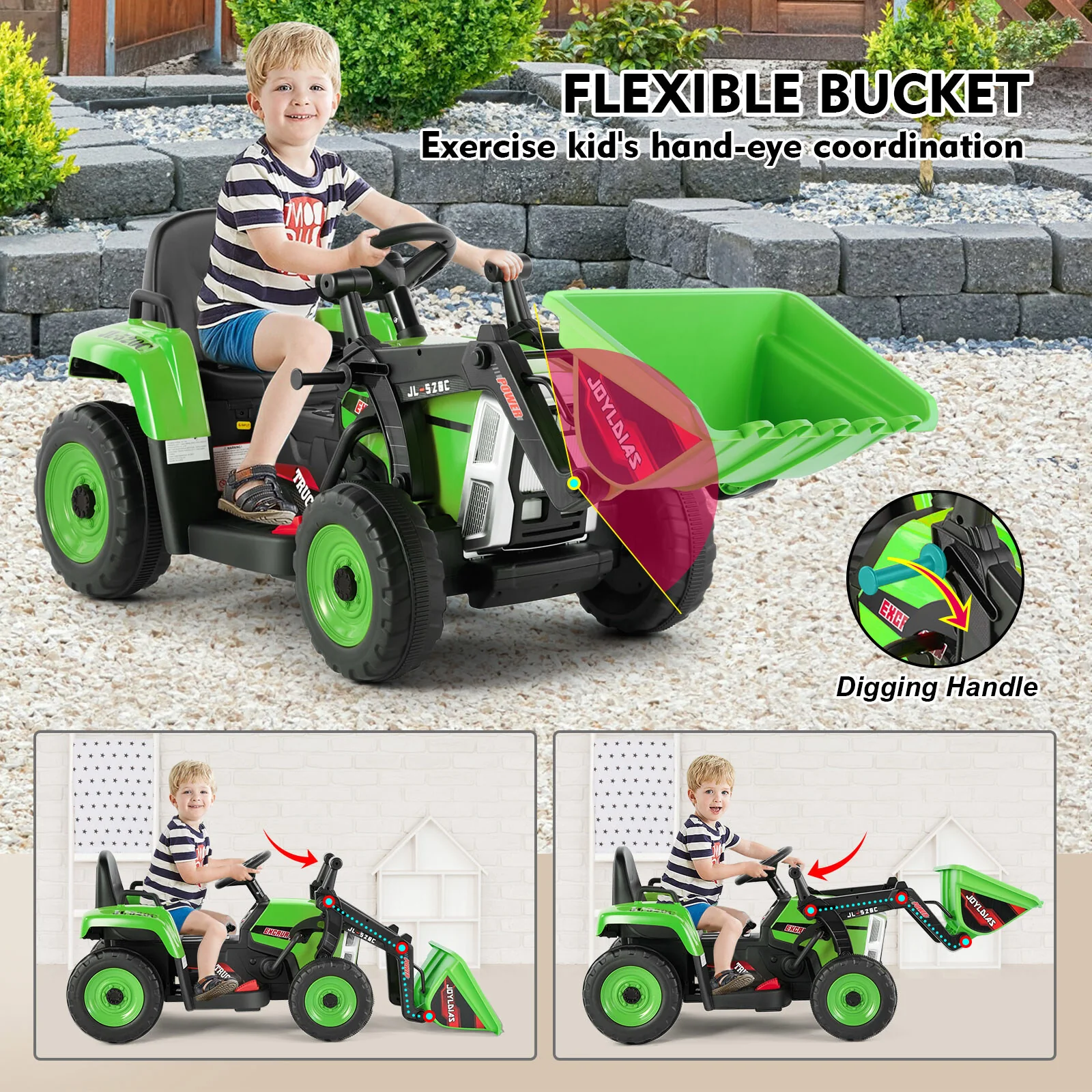 12V Green Electric Ride-On Excavator with Remote Control for Kids - Image 3