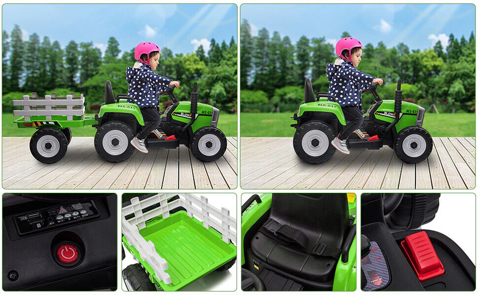 Green 12V Electric Tractor with Trailer for Kids - Remote Control Ride On Toy for Toddlers - Image 5
