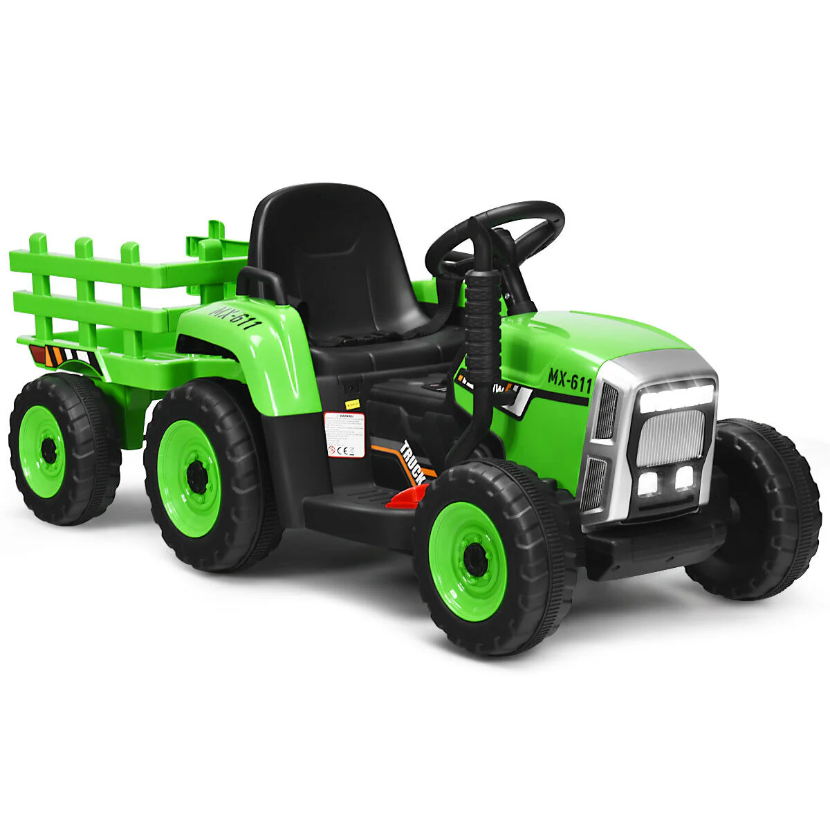 Green 12V Kids Ride On Tractor Trailer with RC Control and Lights - Image 10