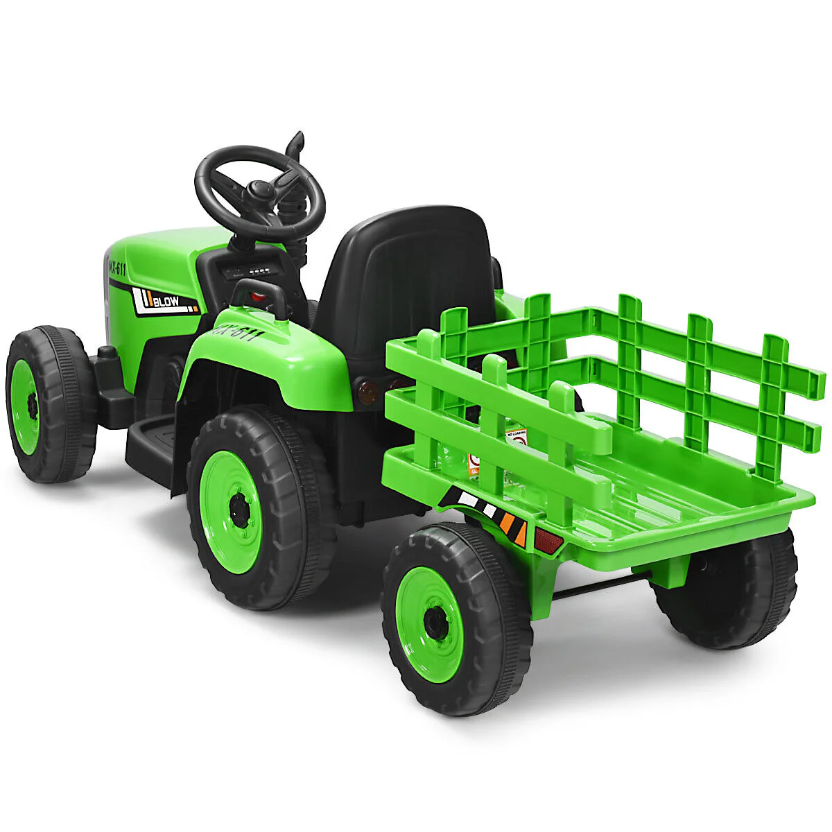 Green 12V Kids Ride On Tractor Trailer with RC Control and Lights - Image 12