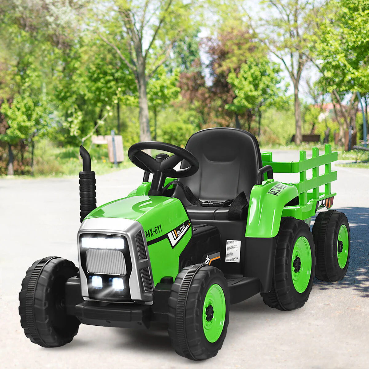 Green 12V Kids Ride On Tractor with Trailer and Remote Control - Featuring Lights and Ground Loader - Image 3