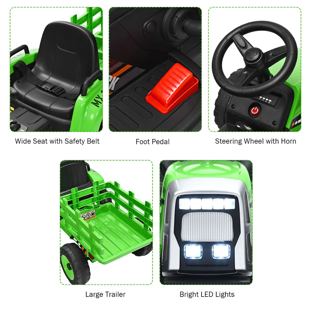 Green 12V Kids Ride On Tractor with Trailer and Remote Control - Featuring Lights and Ground Loader - Image 8