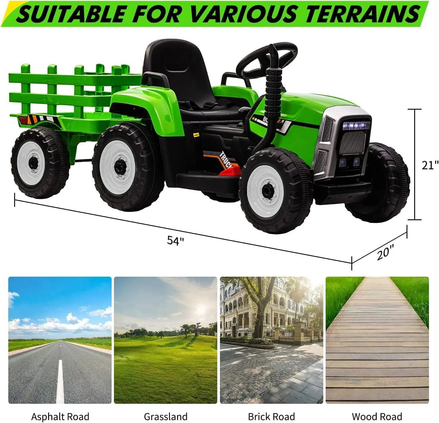 Green 12V Ride-On Tractor with Trailer and Remote Control for Kids, Featuring LED Headlights - Image 5