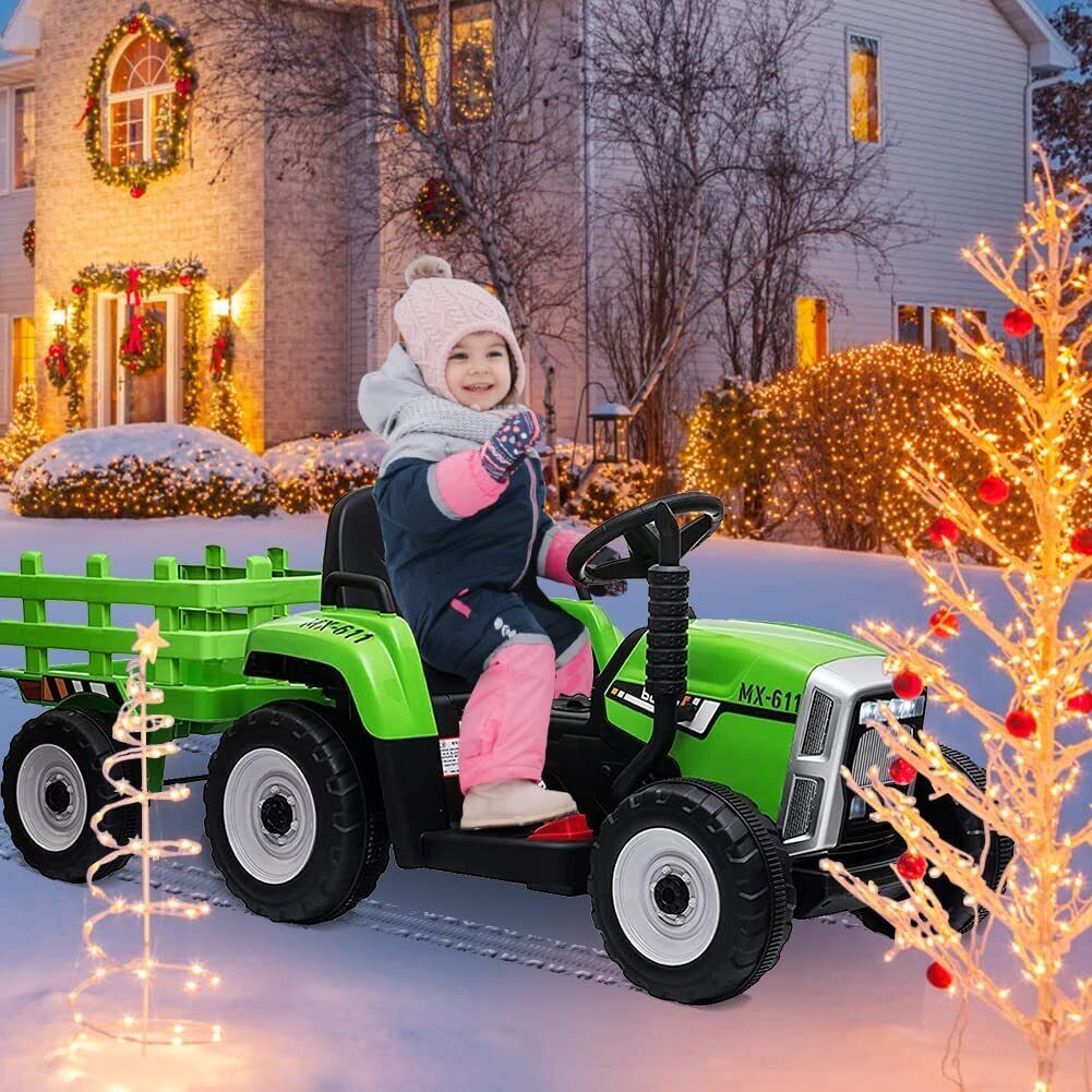 Green 12V Ride-On Tractor with Trailer and Remote Control for Kids, Featuring LED Headlights - Image 6
