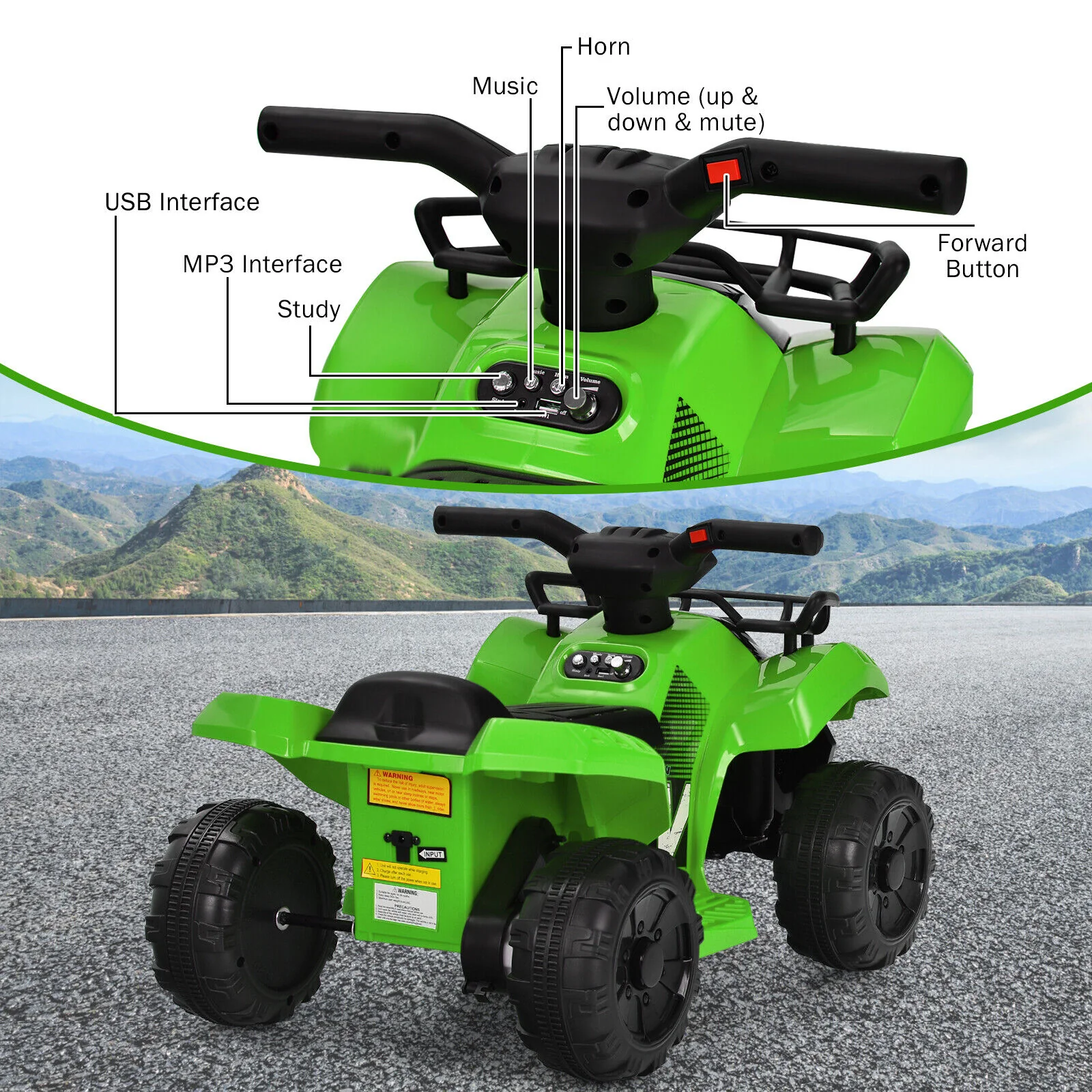 Green 6V ATV Quad Electric Ride On Car Toy for Toddlers with LED Light and MP3 Player - Image 8