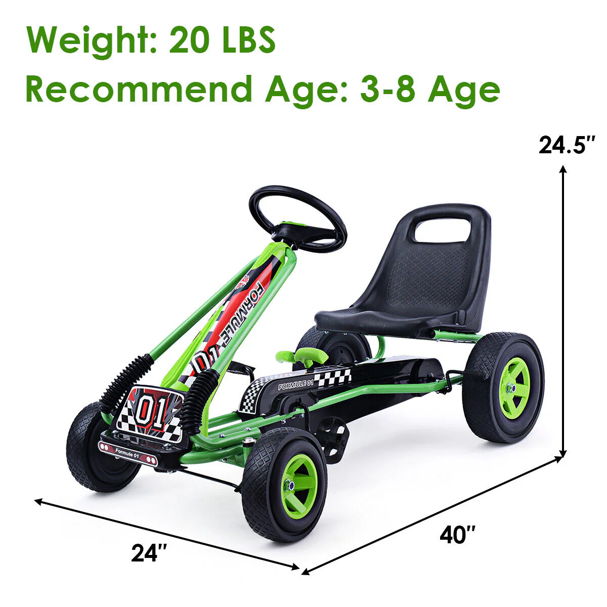 Green Adjustable Seat Pedal-Powered Kids Go Kart with 4 Wheels - Image 2