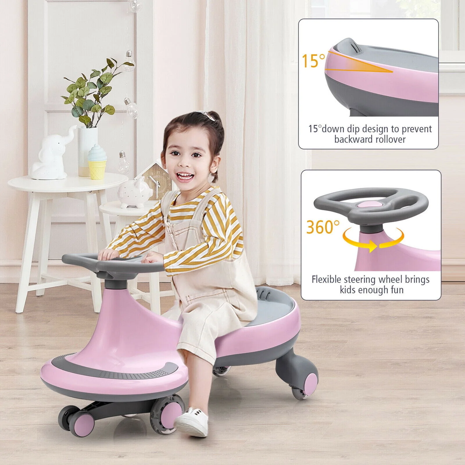 Gymax Pink Wiggle Car Ride-on Toy with Flashing Wheels for Toddlers and Kids - Image 6