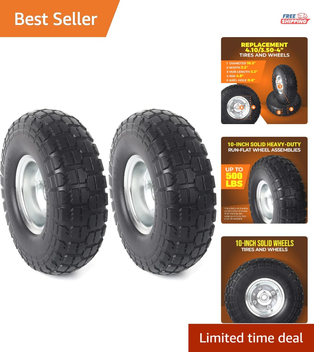 10-Inch Heavy-Duty Solid Rubber Replacement Tire for Dolly and Wheelbarrow