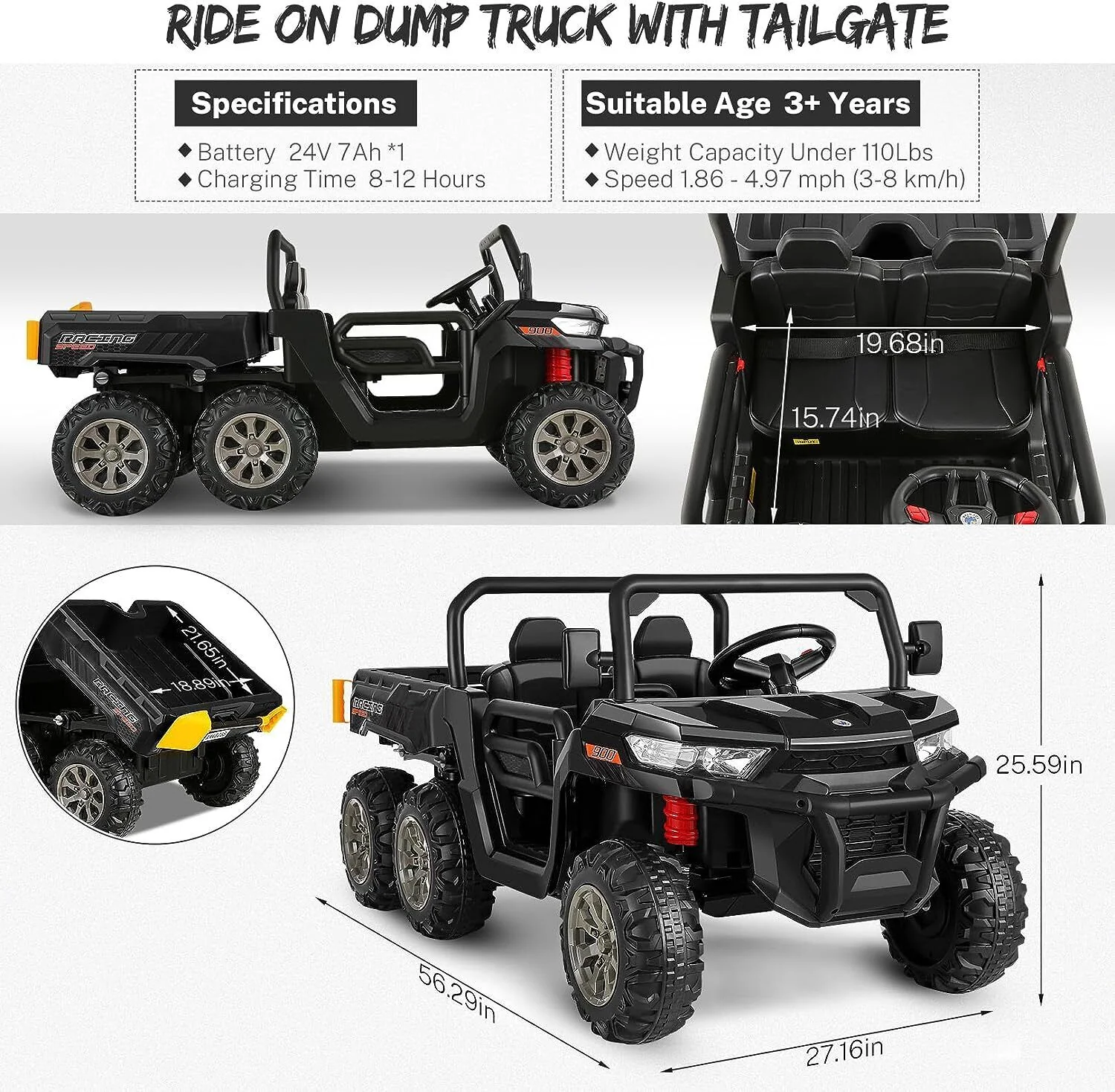 Hikole 24V 2-Seater Battery-Powered Kids Ride On Tractor with Dump Bed and RC Control - Image 14