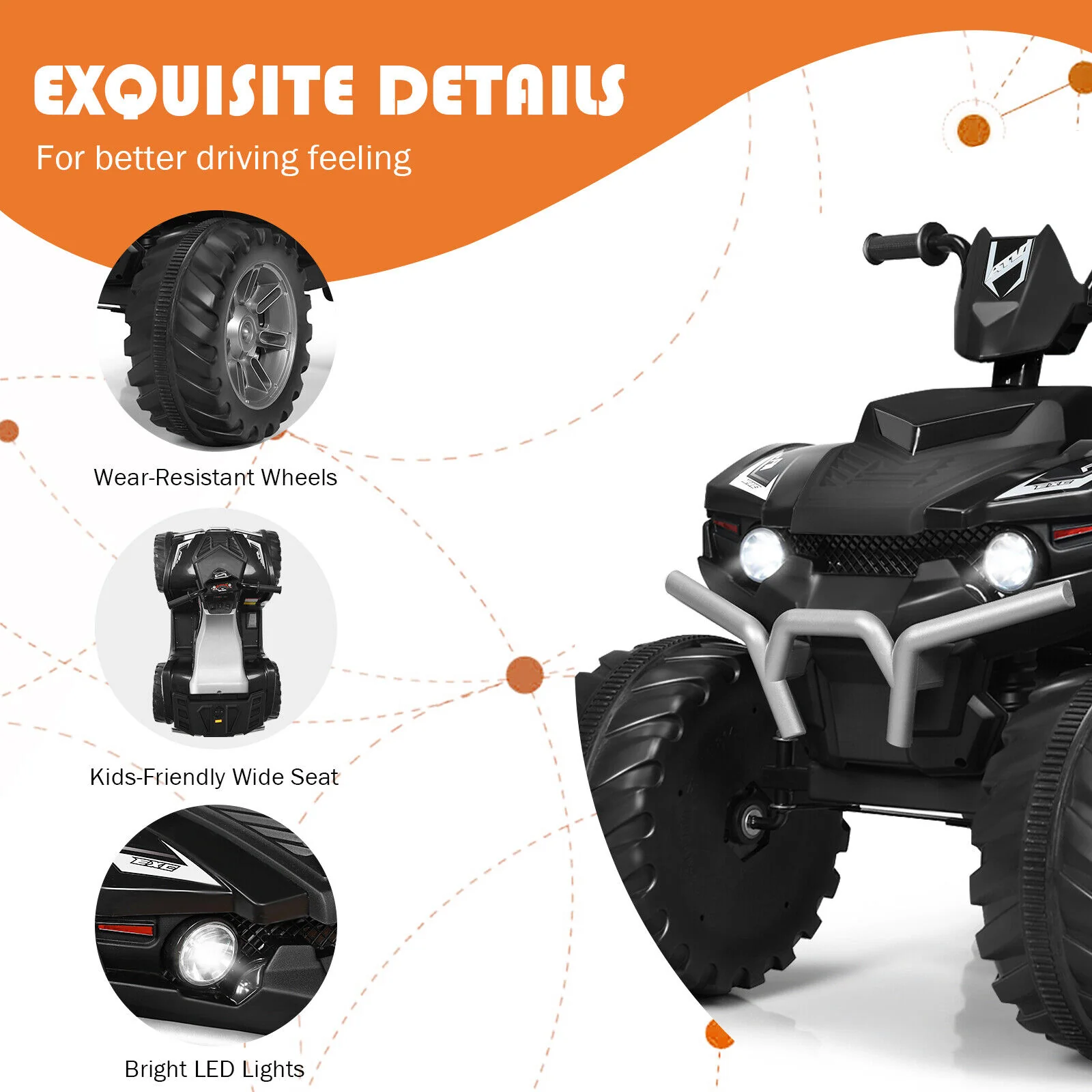 HoneyJoy 12V Kids ATV Quad Ride On Car with LED Light & Music - Black - Image 10