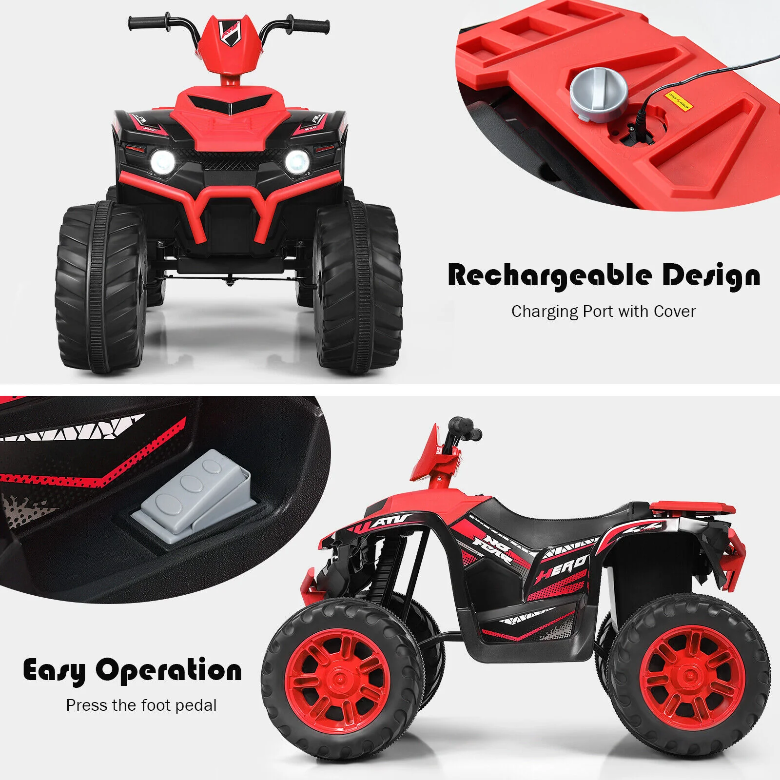 HoneyJoy 12V Kids ATV Quad Ride On Car with LED Light & Music - Red - Image 12