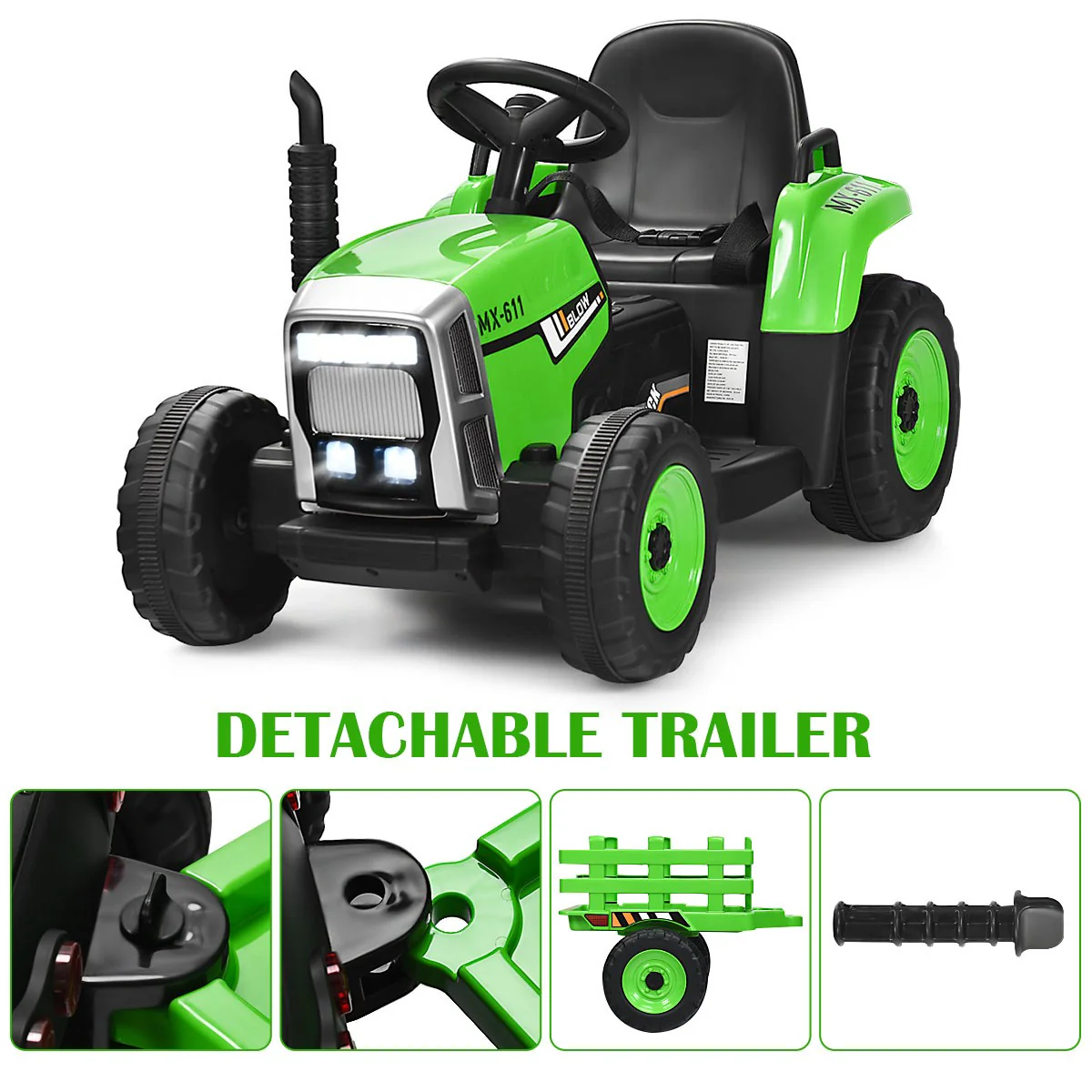 12V Kids Ride-On Tractor with Trailer, Ground Loader, Remote Control, and Lights in Green - Image 6