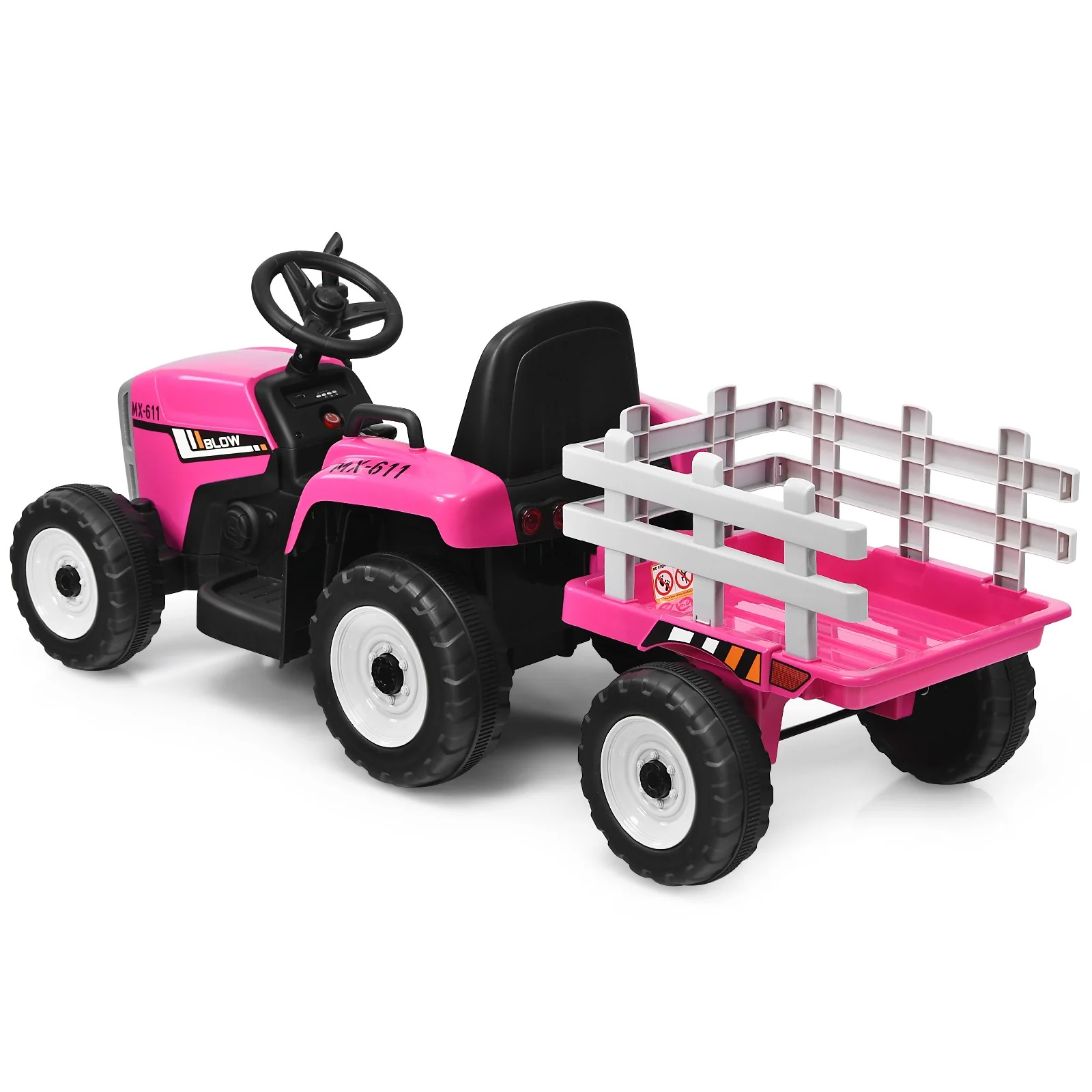 12V Kids Ride-On Pink Tractor with Trailer, Ground Loader, Remote Control, and Lights - Image 11