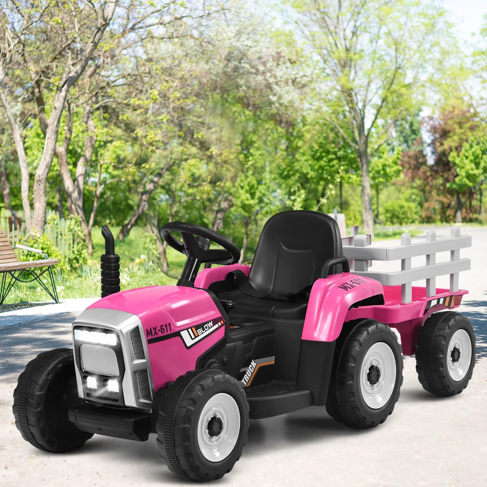 12V Kids Ride-On Pink Tractor with Trailer, Ground Loader, Remote Control, and Lights - Image 3