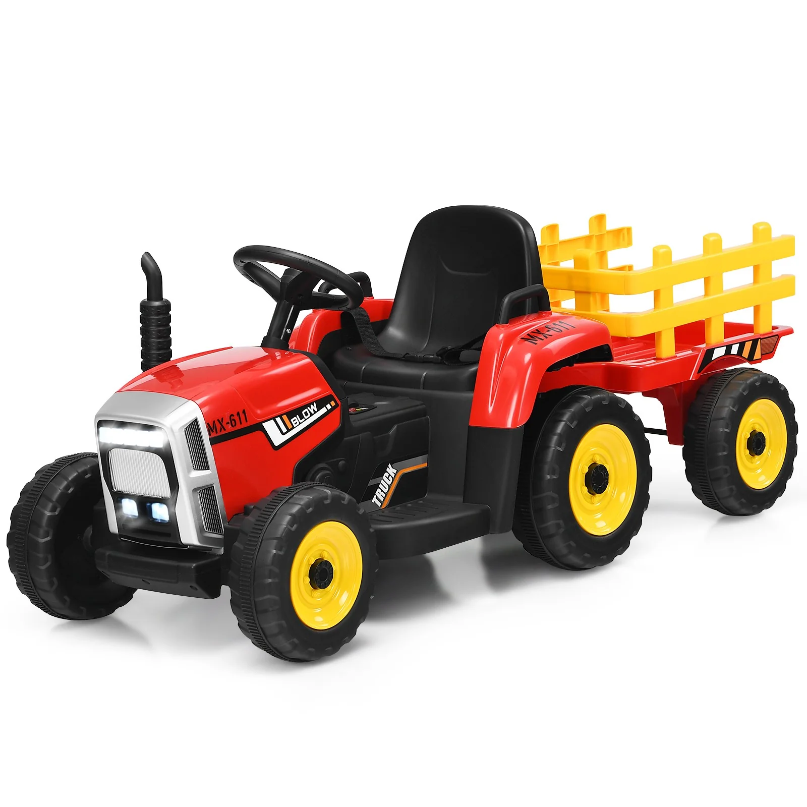 12V Kids Ride-On Tractor with Trailer, Ground Loader, Remote Control, and Lights - Red - Image 13