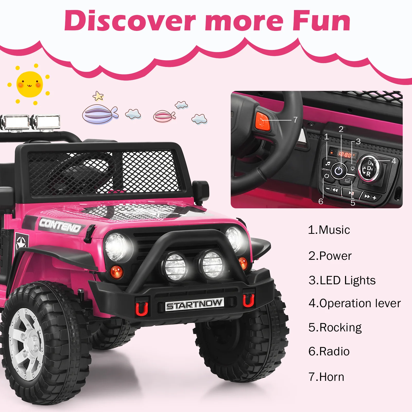 12V Electric Kids Ride-On Truck with Remote Control and Lights Pink - Image 7
