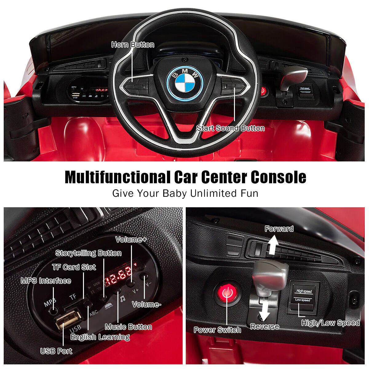 HoneyJoy 12V Licensed BMW I8 Kids Ride On Car with Remote Control, MP3 Player, and LED Lights in Red - Image 11