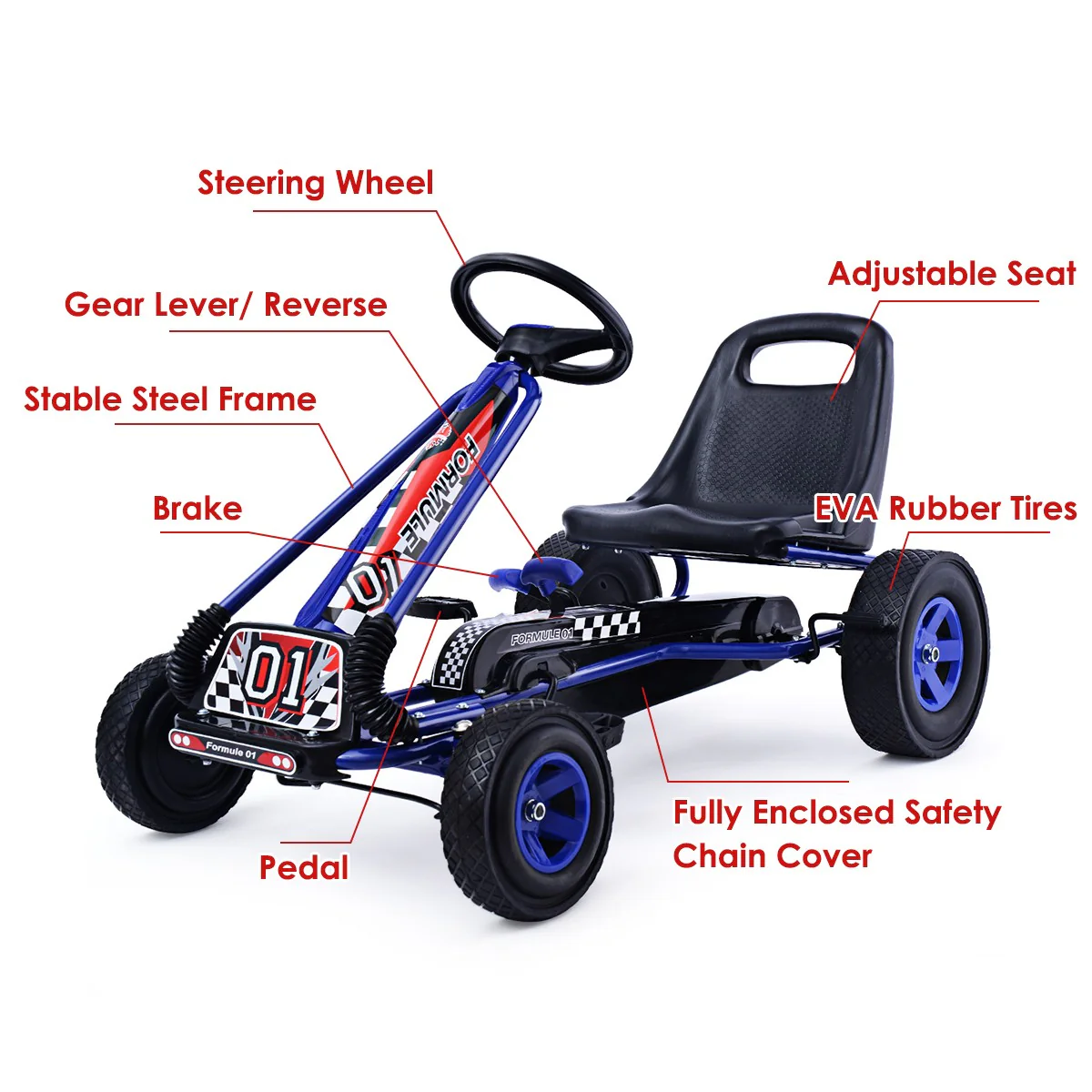 4-Wheel Pedal-Powered Kids Ride-On Toy with Adjustable Seat, Blue - Image 8
